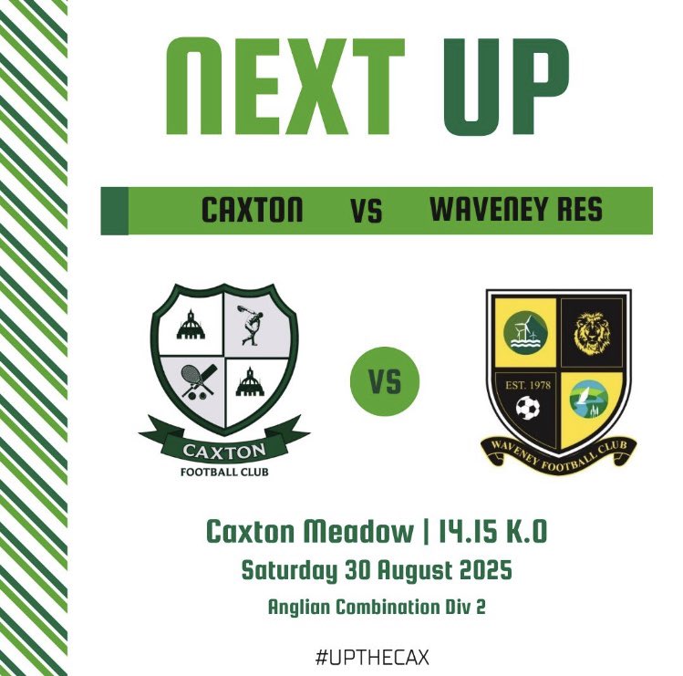 BecclesCaxtonFC's tweet image. This weekends fixtures 30/8/25 @AnglianCom @LowestoftAnd. A home tie v @WAVENEYOFFICIAL Res and Caxton Dev kick off their season with a short trip over to Normanston Park to take on Oulton Utd FC. 🇳🇬
