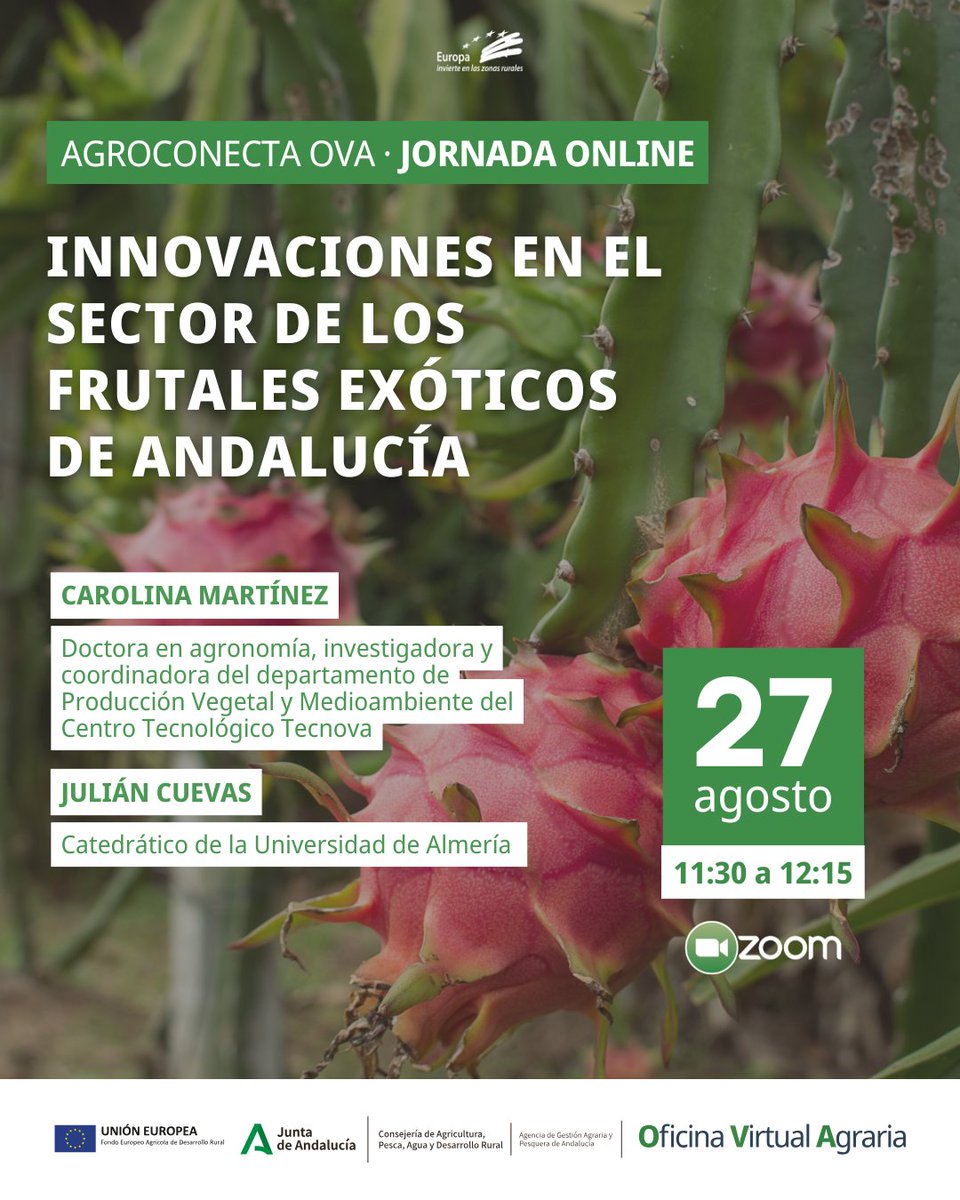 Hoy hemos arrancado en #AgroConectaOVA con el foco puesto en la innovación para cultivos de frutales exóticos en Andalucía 🥭🍍 con las ponencias de Carolina Martínez (Tecnova) y Julián Cuevas (UAL). ¡Una jornada con ritmo tropical! 🍃☀️

<a href="/AgapaAndalucia/">Agencia de Gestión Agraria y Pesquera de Andalucía</a> <a href="/AndaluciaJunta/">Junta de Andalucía</a>