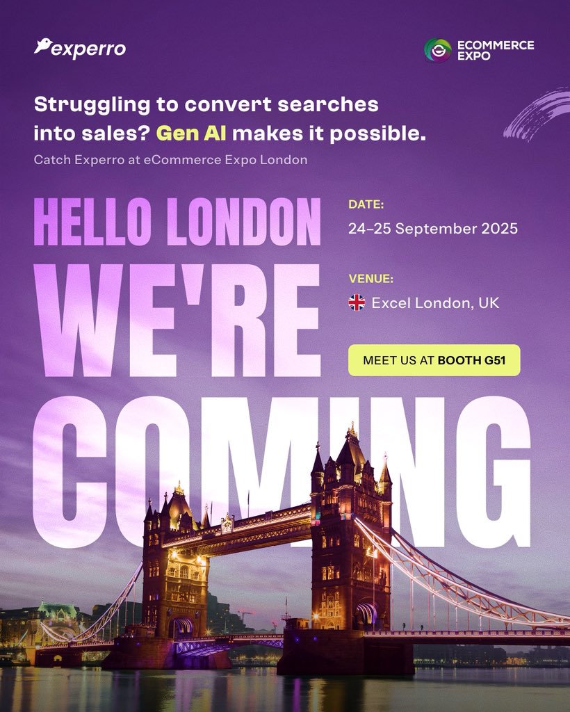 💥 𝐋𝐨𝐧𝐝𝐨𝐧 𝐢𝐬 𝐜𝐚𝐥𝐥𝐢𝐧𝐠 and <a href="/ExperroDxp/">Experro</a> is heading to <a href="/ecommerceexpo/">eCommerce Expo</a> 2025!

👉 Catch us at 𝐁𝐨𝐨𝐭𝐡 𝐆𝟓𝟏 | 📅 September 24–25 | 📍 Excel London

✨ The future of commerce won’t wait so book your slot now - experro.salesmate.io/meetings/?utm_…

#ECE25 #GenAI