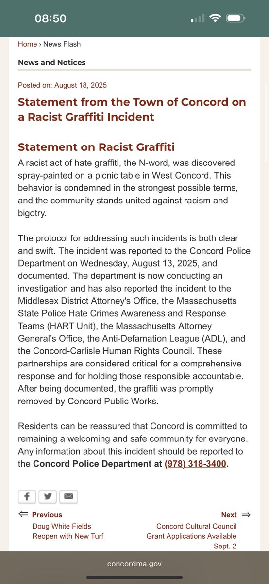 ScottHayes11b's tweet image. When racist graffiti appears in Concord, the town issues a strong statement condemning hate.

But when Israeli flags and a memorial to Hamas victims are desecrated, it’s softened to just “an act of vandalism.”

Why the double standard? Hate is hate. #Antisemitism #DoubleStandard
