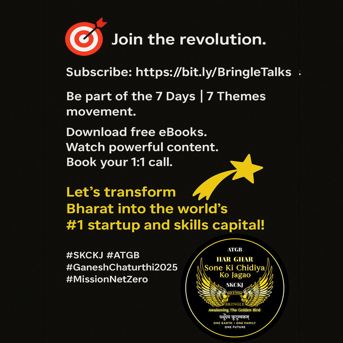 Anshavatar's tweet photo. 🪔 This Ganesh Chaturthi, we launch more than wishes. We launch revolutions.

From #BringleDreamWave to #MissionNetZero — 5 years, 5 legacy milestones.

Now comes the 7 Days | 7 Themes movement on #BringleTalks 📺
🎯 For men, women, NRIs, investors, educators &amp; changemakers. https://t.co/O0u7Hwup31