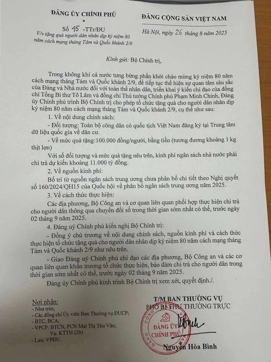 DoLieu_Pi's tweet image. 🎯 UBI Trá Hình – Việt Nam đang thử nghiệm ?

📌 Văn Bản Đảng Ủy Chính phủ gửi Bộ Chính trị về việc tặng 100.000 đồng/người cho toàn dân nhân dịp 80 năm Cách mạng Tháng Tám và Quốc khánh 2/9 thoạt nhìn chỉ là chính sách phúc lợi kỷ niệm

Nhưng nếu soi kỹ…