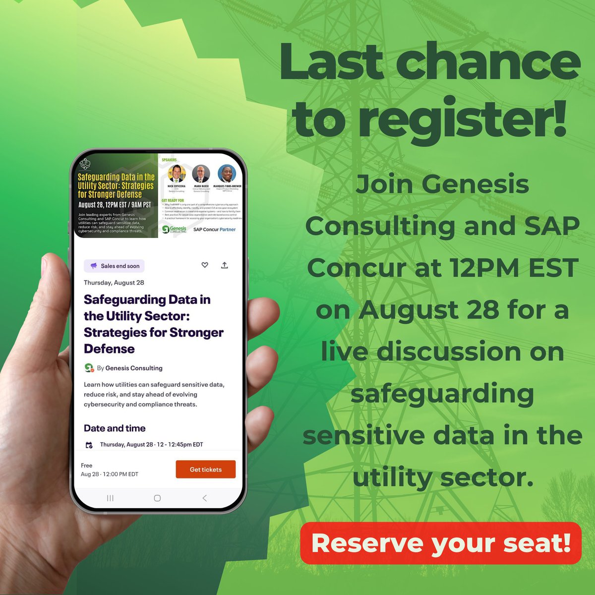 GenesisElevates's tweet image. ⏰ Last chance! Join Genesis Consulting &amp;amp; @SAPConcur on Aug 28 (12PM EST) for a free webinar on safeguarding sensitive utility data, reducing risk &amp;amp; staying ahead of compliance. Register now: eventbrite.com/e/safeguarding…
#UtilityCybersecurity #GenesisElevates #SAPConcurPartner #CUI