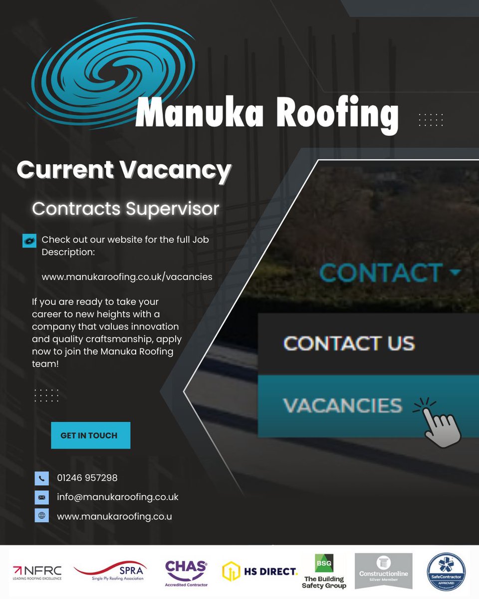 🚨New Vacancy Alert!🚨

Looking for a fresh start or your next big opportunity in an exciting and supportive work environment?

Manuka Roofing Ltd are currently recruiting for the following role:
 🔹 Flat Roofing Contracts Supervisor

🌐 For more info: manukaroofing.co.uk/vacancies
