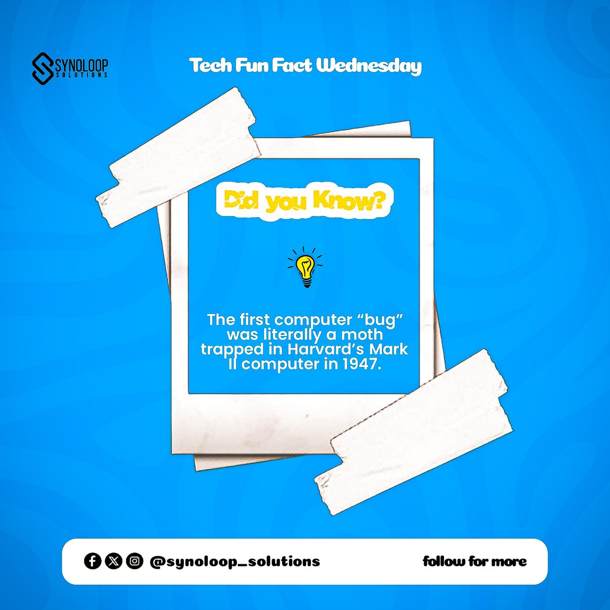 SynS_services's tweet image. 💡Tech Fun Fact Wednesday:
The FIRST computer “bug”? A literal moth trapped in Harvard’s Mark II in 1947. Even bugs had to start somewhere! 🐞
Got a quirky tech fact? Share it below let’s debug history together!
#TechFunFact #WednesdayWisdom #TechHistory #Innovation