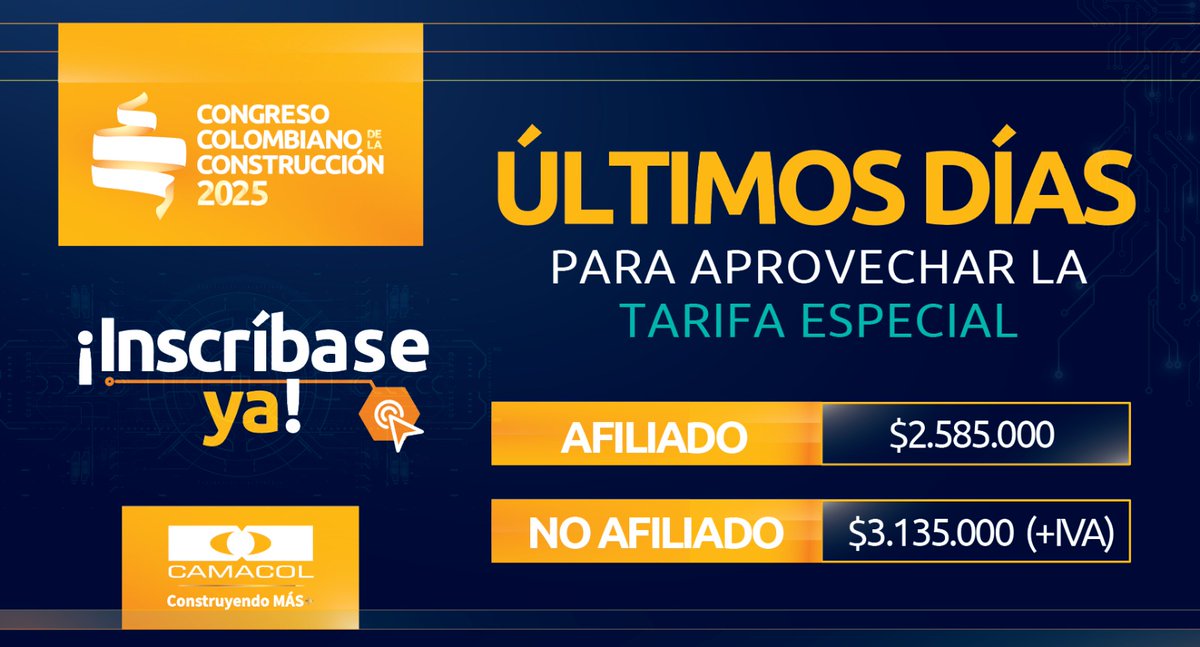 🏗️ ¡Últimos días de tarifa especial para el evento que está construyendo el futuro del sector!

El Congreso Colombiano de la Construcción 2025 reunirá a líderes, expertos y empresas que están transformando la industria.

📍 Este 22, 23 y 24 de octubre, Barranquilla será el