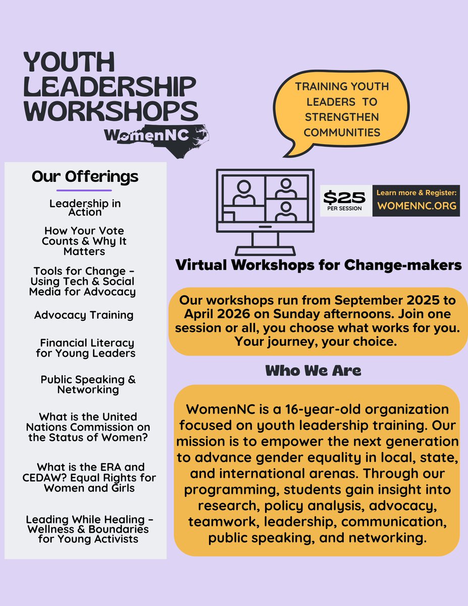 🌟 Calling all future change-makers! Ages 16–24, this is your moment. WomenNC’s 💻 virtual youth leadership workshops are here—starting this September!
➡️ Spots are limited—register now at womennc.org!

#WomenNC #YouthLeadership #NextGenLeaders #LeadWithPurpose