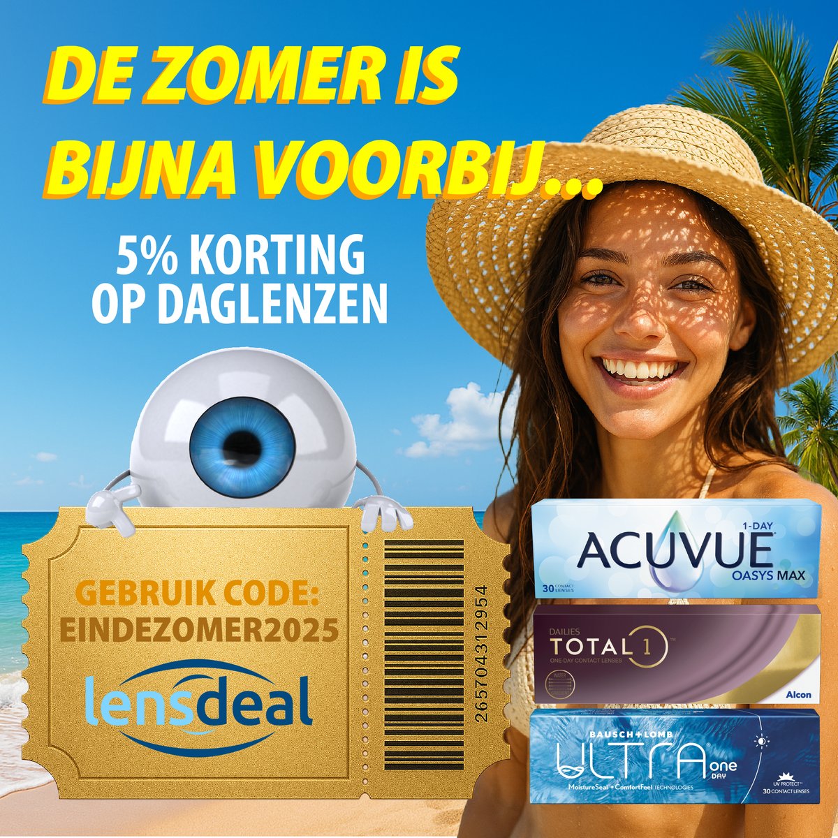 Lensdeal's tweet photo. ☀️ De zomer is bijna voorbij... maar jouw scherpe blik blijft!  Gebruik de kortingscode EINDEZOMER2025 en krijg 5% korting op alle daglenzen! Van Acuvue tot DAILIES.
📅 Wees er snel bij (Tot eind september)
https://t.co/uwOkGezrsw https://t.co/f7L54fPlEO