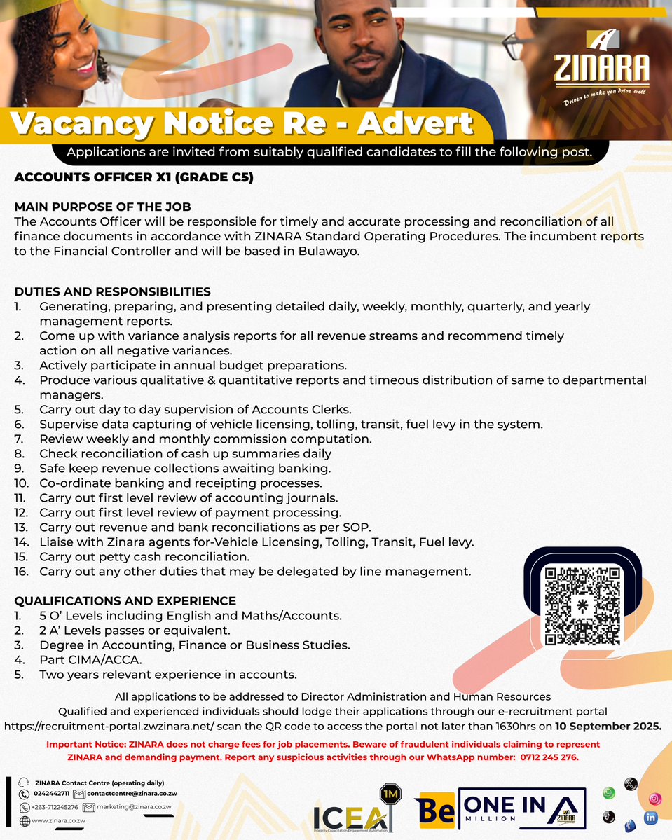 ZINARA (@zinarazw) on Twitter photo Vacancy Alert!!!
Shape the future of Zimbabwe’s road infrastructure— Join ZINARA as an Accounts Officer and be part of the team driving national development.
<a href="/ihararejobs/">iHarare Jobs</a> <a href="/VacancyMail/">VacancyMail.co.zw</a>
#BeOneInAMillion
#ProudlyCompliant
#PartnersForProgress Vacancy Alert!!!
Shape the future of Zimbabwe’s road infrastructure— Join ZINARA as an Accounts Officer and be part of the team driving national development.
<a href="/ihararejobs/">iHarare Jobs</a> <a href="/VacancyMail/">VacancyMail.co.zw</a>
#BeOneInAMillion
#ProudlyCompliant
#PartnersForProgress
