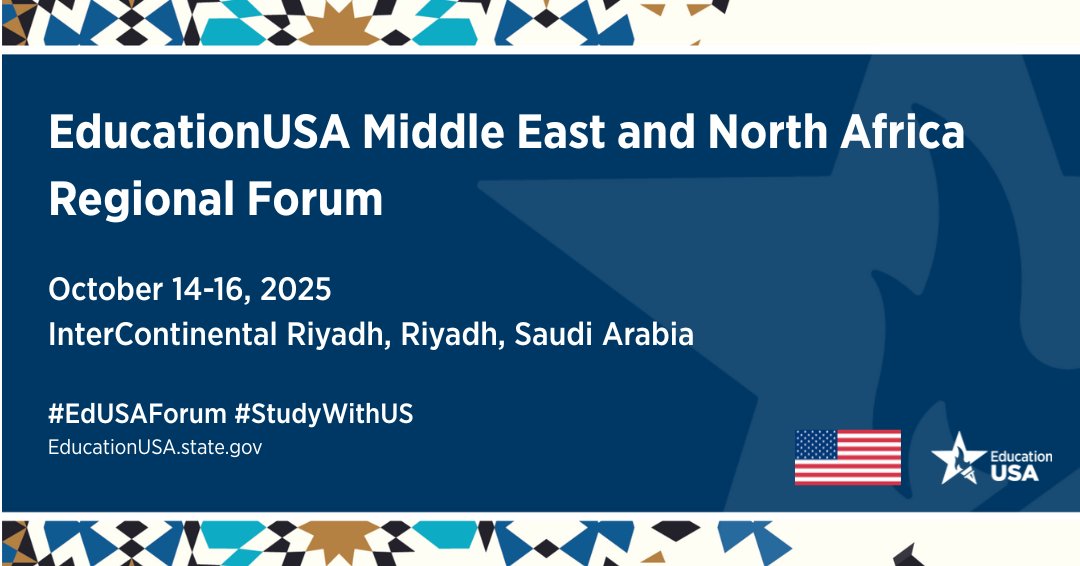 educationusa's tweet image. 🚨 Deadline approaching: Register for the 2025 EducationUSA Middle East &amp;amp; North Africa Regional Forum in Riyadh, Saudi Arabia!   

We look forward to welcoming you to the region ➡️ web.cvent.com/event/ae869f6c…. #StudyWithUS