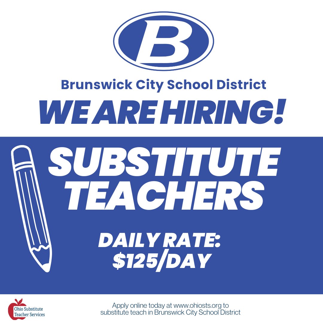 BrunswickCitySchools (@brunswickcsd) on Twitter photo Looking to make a difference? Become a substitute teacher! Join the BCSD team and help shape the future of our children. Please reach out to Heidi Armentrout (harmentrout@bcsoh.org) with questions. #BrunswickPRIDE Looking to make a difference? Become a substitute teacher! Join the BCSD team and help shape the future of our children. Please reach out to Heidi Armentrout (harmentrout@bcsoh.org) with questions. #BrunswickPRIDE