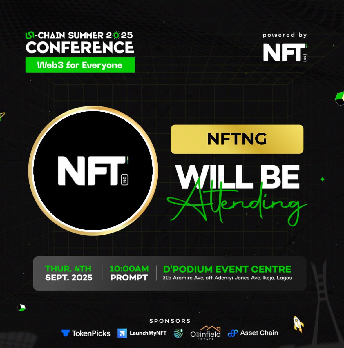 NFT__NG's tweet image. Will you be attending Unchain Summer 2025?

Create your own personalized “I Will Be Attending” flyer in seconds.

Head over to getdp.co/t3O

➔ Add your best picture
➔ Post it
➔ Tag @NFT__NG
➔ Use the hashtags #UnchainSummer25 #Web3ForEveryone

Create yours now.