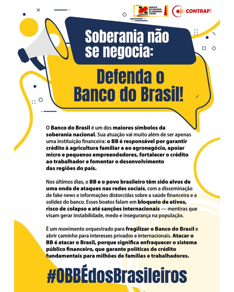 BancariosA's tweet photo. 🚨 O Banco do Brasil é alvo de ataques daqueles que querem enfraquecer o que é do povo!

💛 O BB é muito mais que uma instituição financeira: é quem garante crédito acessível, apoia a agricultura, sustenta micro e pequenas empresas e movimenta a economia nacional. https://t.co/JKdnf2gtpd