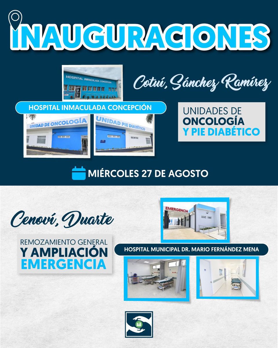 ¡Hoy será un día histórico en salud para Cotuí y Cenoví!

La vicepresidenta <a href="/RaquelPenaVice/">Raquel Peña</a> encabezará la entrega de nuevas infraestructuras hospitalarias que amplían los servicios y acercan la salud al pueblo. 
#SNSAvanza
#HospitalInmaculadaConcepción
#HospitalMarioFernándezMena