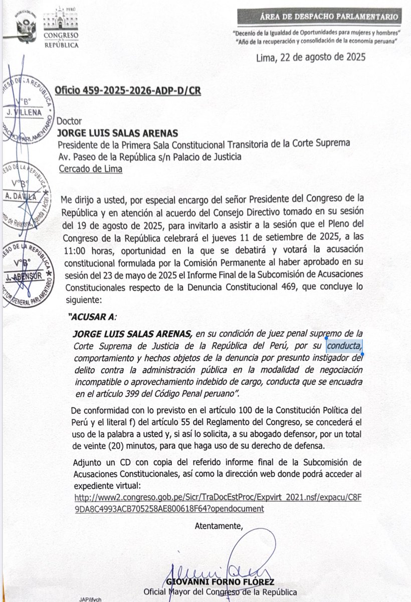 #OjoAlDato 📍El Pleno del Congreso votará el 11 de setiembre la acusación constitucional contra el expresidente del <a href="/JNE_Peru/">JNE Perú</a>, Jorge Salas Arenas, por presunta negociación incompatible. ✍️ <a href="/DiegoQuispeSanc/">Diego Quispe Sanchez</a> 🧵