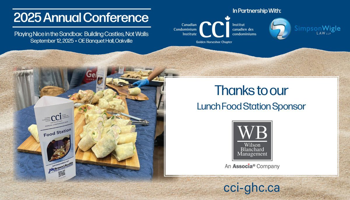 Thank you to Wilson, Blanchard Management Inc. for fueling our day as the Lunch – Food Station Sponsor at #CCIConference2025!

We’re grateful for your continued support of the condo community. 

#CCIGHC2025 #condoliving #condodirectors #condoconference #oakville
