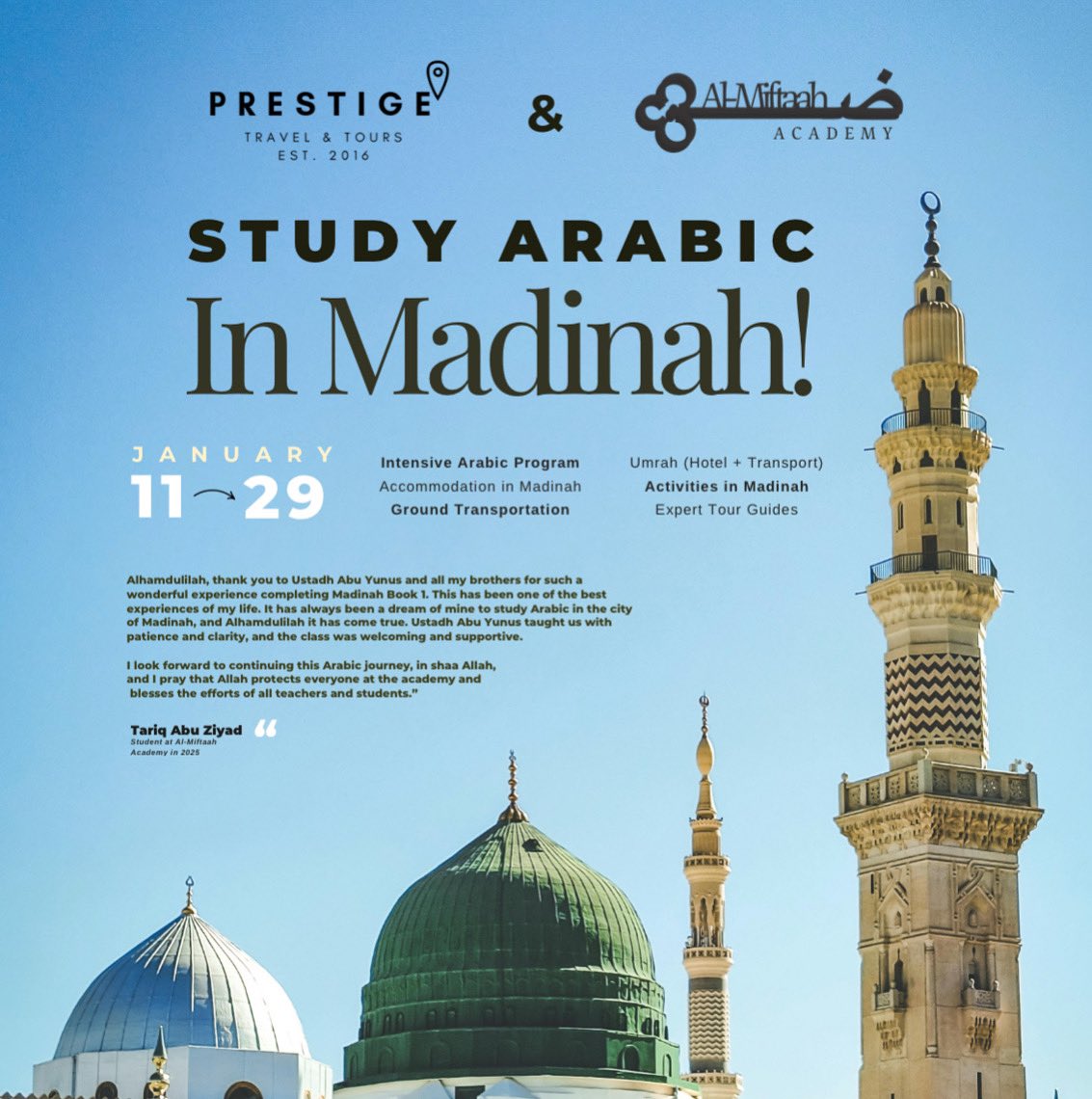 Join us this Winter in Madinah! Our team are here to ensure your stay is educational and enjoyable. Seperate classes for men and women.

*Course Dates:*
Level One:
- 11th January - 27th January 2026

Future dates available in the summer.

*Register at:* almiftaahacademy.com/madinah