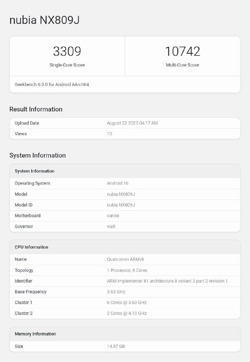 RedMagic 11 Ultra spotted on Geekbench running on upcoming Snapdragon 8 Elite 2 with Adreno 840

CPU :
2× 4.19GHz 
6× 3.63GHz

#qualcomm #snapdragon #redmagic