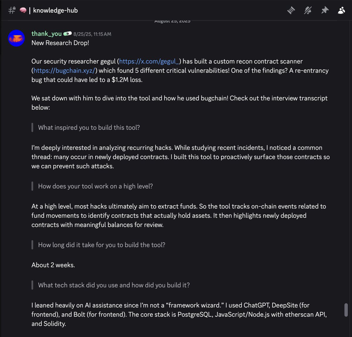 Remedy (@xyz_remedy) on Twitter photo Lead security researcher from <a href="/hexensio/">hexens</a>, <a href="/gegul_/">gegul</a>, who recently reported a $1.2M bug, gave a written interview on our Discord.
Find the link below: Lead security researcher from <a href="/hexensio/">hexens</a>, <a href="/gegul_/">gegul</a>, who recently reported a $1.2M bug, gave a written interview on our Discord.
Find the link below: