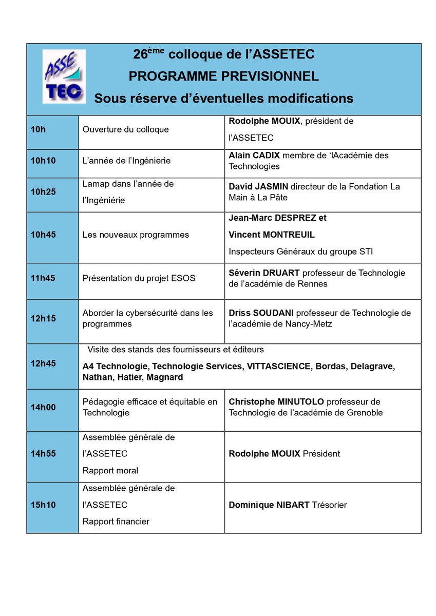 Bonjour à toutes et à tous. Le 26ème colloque de l'ASSETEC se déroulera le samedi 11 octobre au CNAM, 292 rue Saint-Martin à Paris. Il est ouvert à toutes et tous. Il portera sur les nouveaux programmes et sur l'année de l'Ingénierie Inscriptions sur assetec.net/assetec2023/sp…