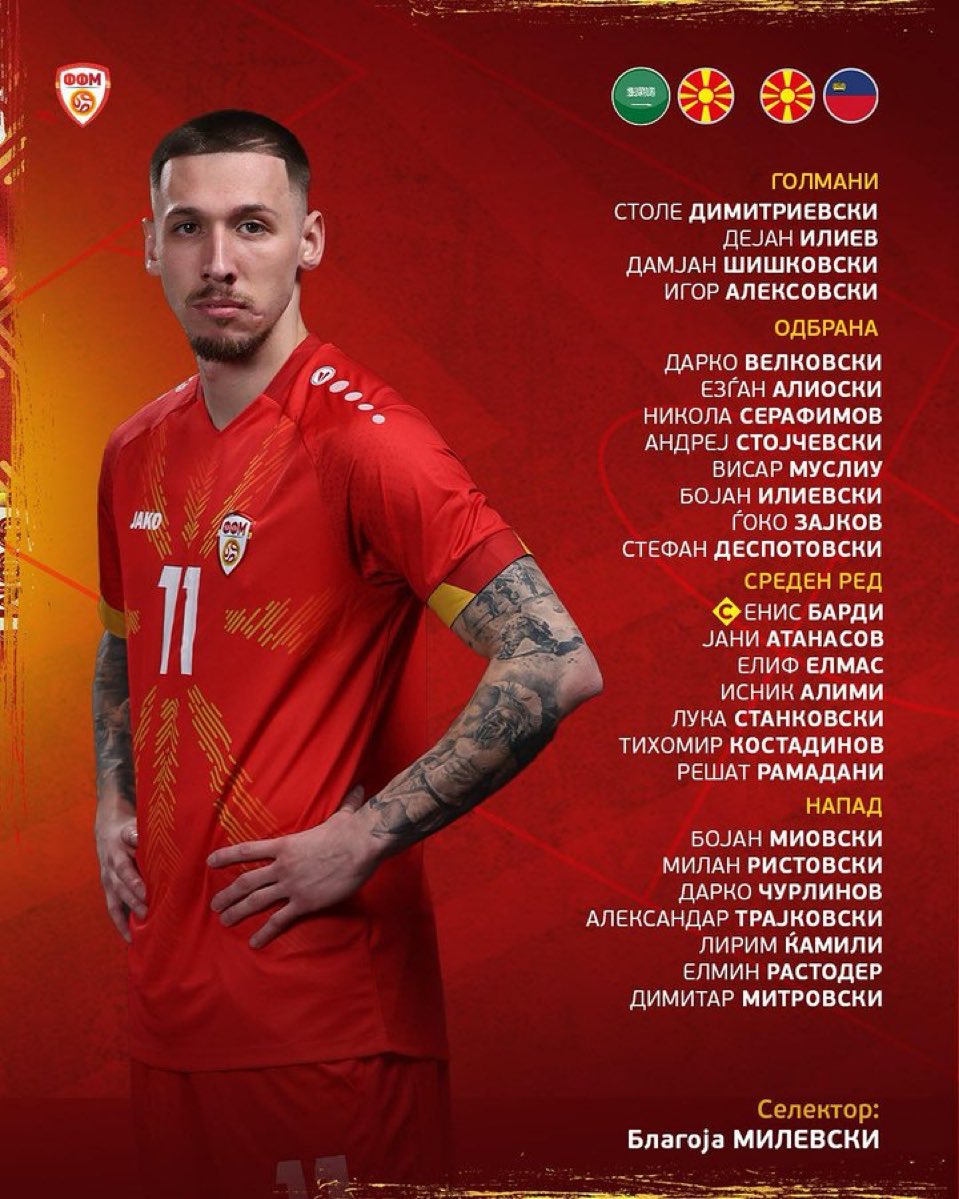 🇲🇰 | Kuzey Makedonya Milli Takımının kadrosu :

Listede 2 yeni isim var : Reşat Ramadani ve Elmin Rastoder.