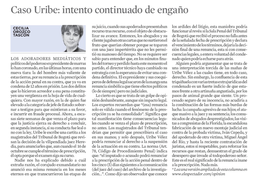 Jorge Gómez Pinilla (@jorgomezpinilla) on Twitter photo "En los minutos finales del torneo y perdido hasta este momento el partido, Uribe y sus coequiperos sacan de la manga una renuncia simbólica que tiene efectos políticos, pero no judiciales. Estamos frente a otra artimaña angustiada". <a href="/CeciliaOrozcoT/">CeciliaOrozcoTascón</a>
elespectador.com/opinion/column… "En los minutos finales del torneo y perdido hasta este momento el partido, Uribe y sus coequiperos sacan de la manga una renuncia simbólica que tiene efectos políticos, pero no judiciales. Estamos frente a otra artimaña angustiada". <a href="/CeciliaOrozcoT/">CeciliaOrozcoTascón</a>
elespectador.com/opinion/column…
