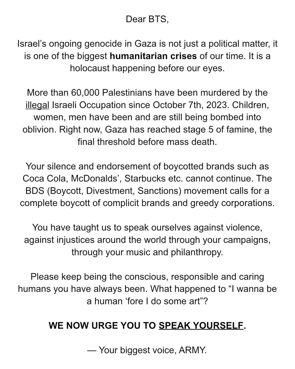 imjustagirl004's tweet photo. SPEAK UP BTS
#BoycottCoke #SpeakYourselfBts
#McGenocide
#SpeakUpBTS
#boycottStarbucks #boycottMCD
#HYBEDivestFromZionism
@BTS_twt @bts_bighit @HYBEOFFICIALtwt #๋จ์ค #์์ง #์ค๊ธฐ #์๊ฐ #์ ์ดํ #ํธ์ #์ง๋ฏผ #ํํ #๋ท #์ ๊ตญ #๋ฐฉํ์๋
๋จ #์ฝ์นด์ฝ๋ผ๋ณด์ด์ฝง https://t.co/LhCJP16H0q