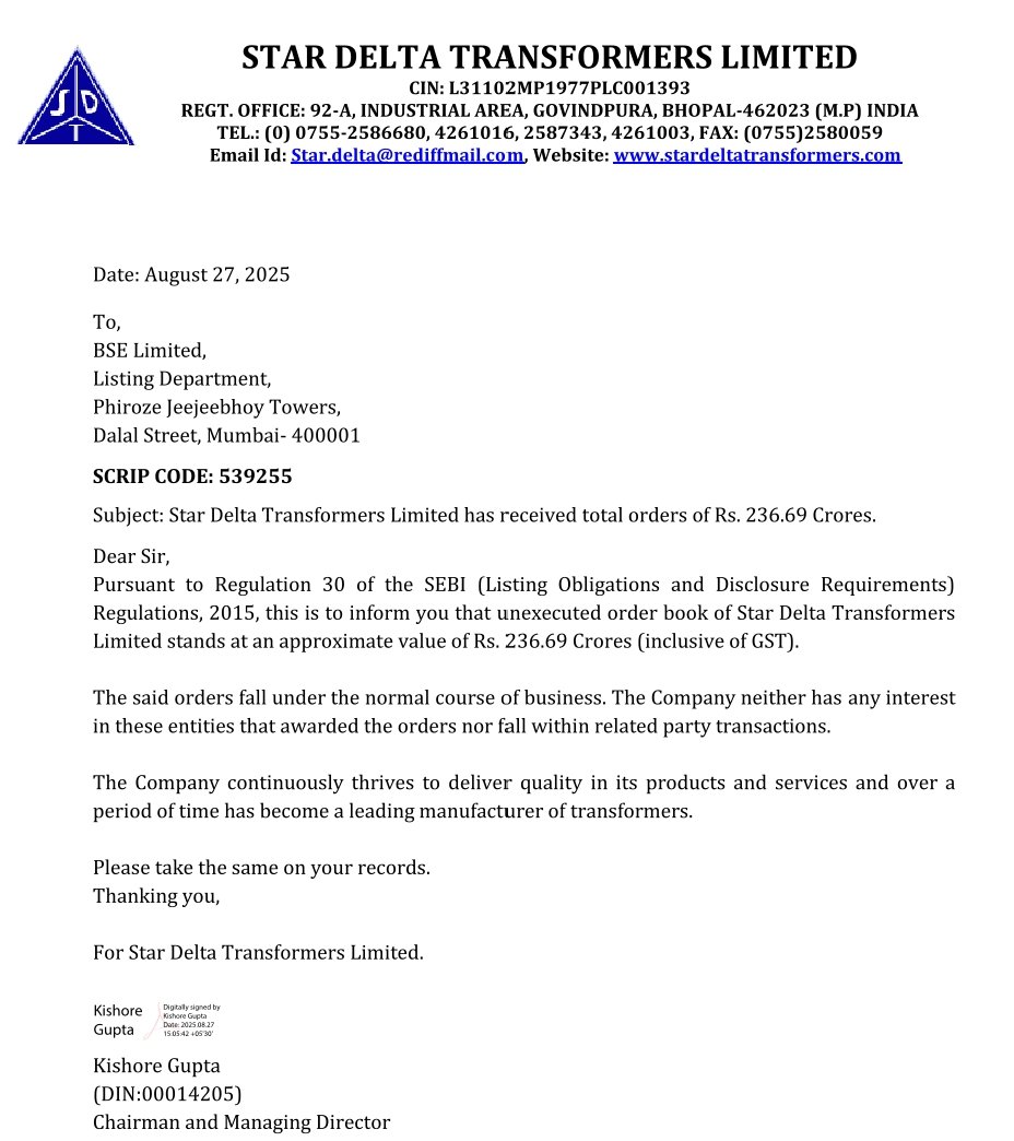 IndianStockEco's tweet image. 🚨Star Delta Transformers:
👉#StarDeltaTransformers has received total orders of Rs. 236.69 Crores
#neworder #StocksInFocus #StocksToWatch #stockmarketsindia #stockmarketnews #Nifty