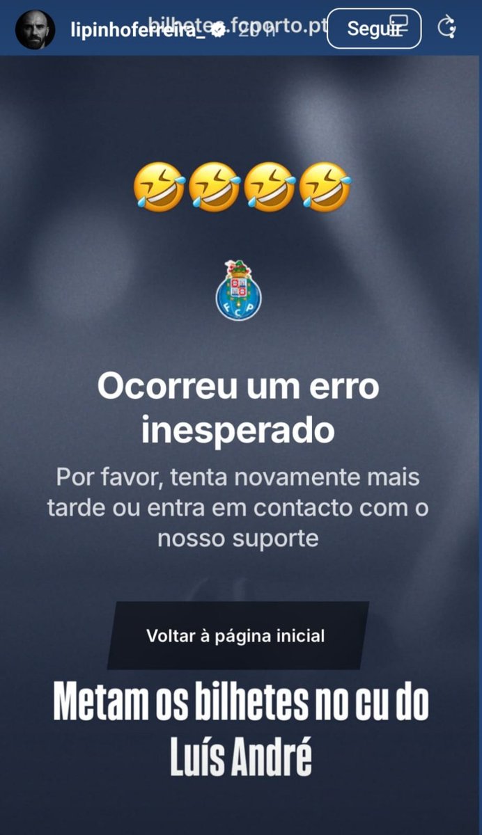 Então Lipinho? Qual é sensação de ficar a ver navios? Como é sentir na pele aquilo que os sócios do FCPorto sentiram durante anos, qdo havia escumalha que passava à frente na fila, levantava os bilhetes todos e ainda fazia o belo do "negócio" a dobrar ou a triplicar? Azarito!