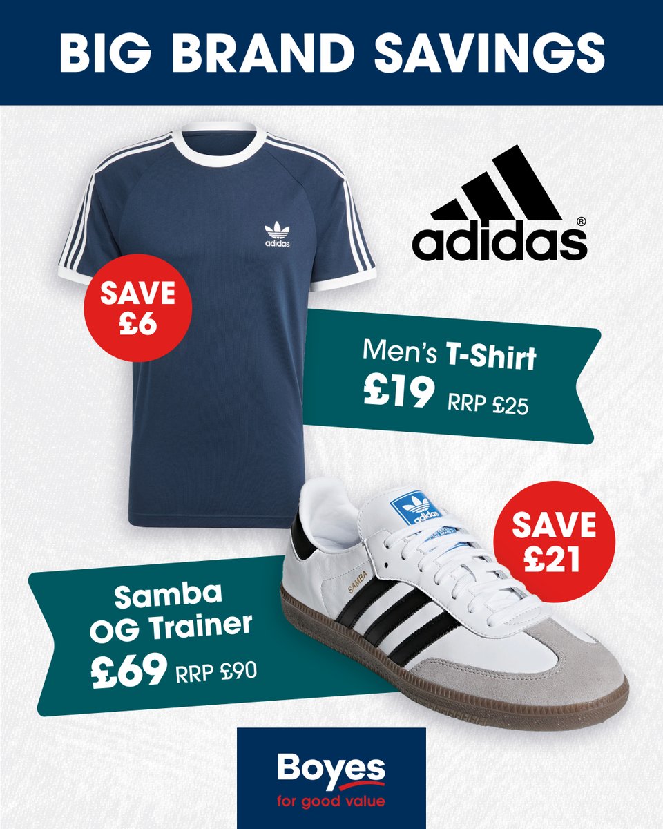 Boyes are your number one store for big brand savings 💷

This Adidas t-shirt and trainer combination are both on offer at great prices at the moment 👌🏻

📍 Available in selected stores - check your local store for availability