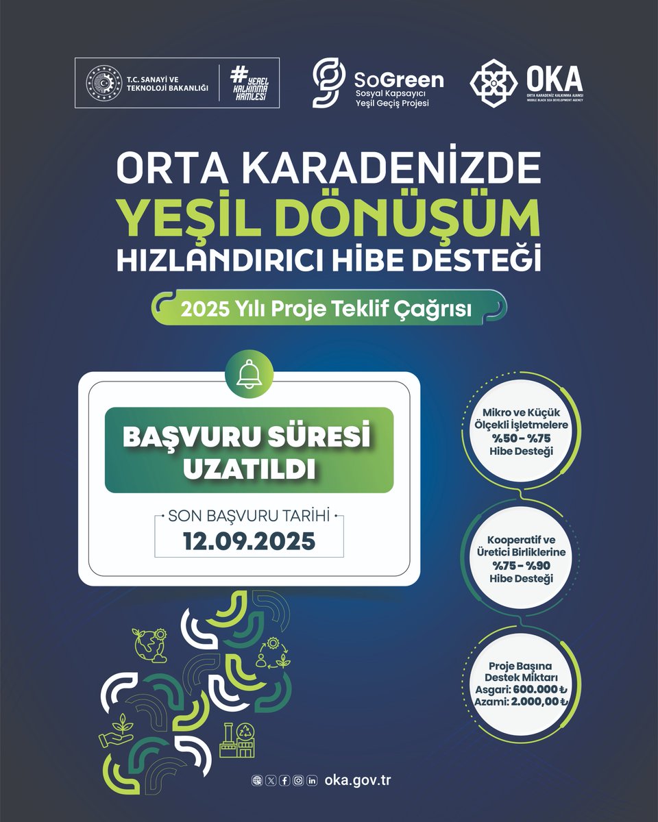 📢 #SoGreen Orta Karadenizde Yeşil Dönüşüm Hızlandırıcı Hibe Desteği Programı Başvuru Süresi Uzatıldı!

🗓️ Son Başvuru Tarihi: 12 Eylül 2025, Cuma/Saat: 23.59

🔗oka.gov.tr/destekler/basv…

<a href="/TCSanayi/">Sanayi ve Teknoloji Bakanlığı</a>  <a href="/KalkinmaAjansGM/">Kalkınma Ajansları Genel Müdürlüğü</a>  <a href="/WorldBankTurkey/">World Bank Türkiye</a>
