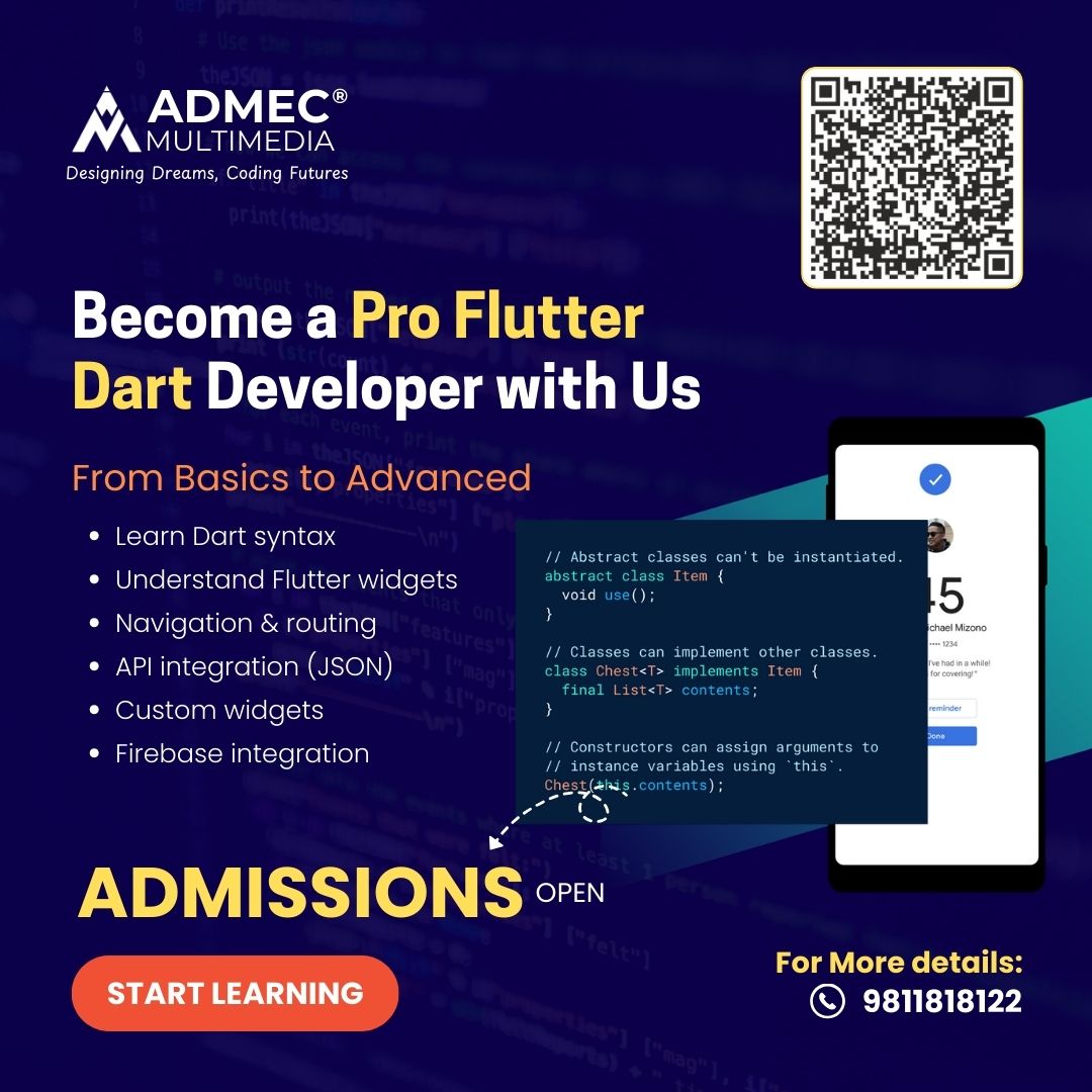 admecinstitute's tweet photo. ✨ Become a Pro Flutter Dart Developer! Join our Flutter Course in Delhi and learn to create stunning, cross-platform mobile apps with ease. 📱

Explore Course: https://t.co/oLHRdSg7hh

🚀 #FlutterCourseInDelhi #AppDevelopment #ADMECMultimedia https://t.co/K2sqv1d0eW