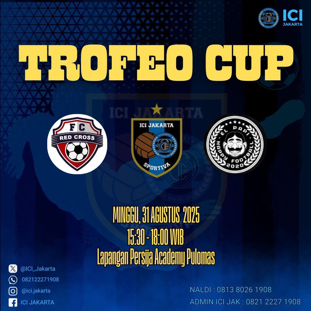 IG : herryftanjung 🌐 (@herryftanjung) on Twitter photo Tim kesebelasan sepak bola PMI FC mengikuti Turnamen Trofeo Independen Cup 2025 yang berkolaborasi dengan EL Papi FC, Jingga FC, dan Inter Club Indonesia, bertempat di Lapangan Sepak Bola Persija Academy, Pulomas, Jakarta, pada Minggu (31/8). Cc <a href="/RadioElshinta/">Radio Elshinta</a> <a href="/SonoraFM92/">Radio Sonora Jakarta</a> Tim kesebelasan sepak bola PMI FC mengikuti Turnamen Trofeo Independen Cup 2025 yang berkolaborasi dengan EL Papi FC, Jingga FC, dan Inter Club Indonesia, bertempat di Lapangan Sepak Bola Persija Academy, Pulomas, Jakarta, pada Minggu (31/8). Cc <a href="/RadioElshinta/">Radio Elshinta</a> <a href="/SonoraFM92/">Radio Sonora Jakarta</a>