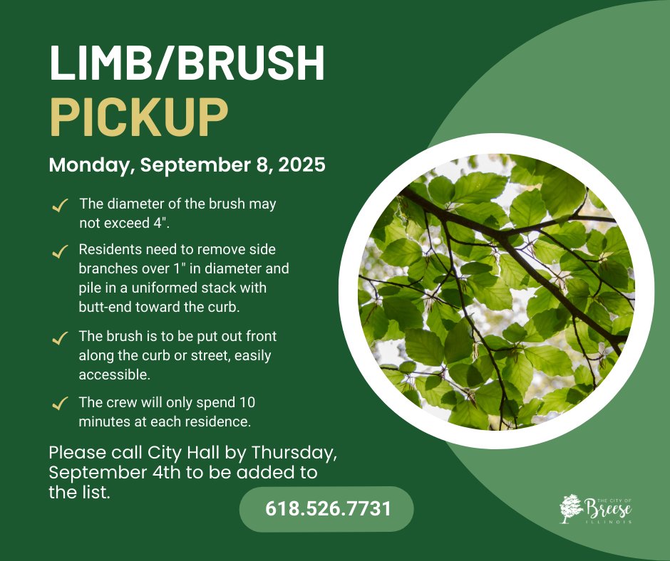 Due to the holiday, Limb Pickup will be moved to Monday, September 8th. Please call City Hall by Thursday, September 4th to be added to the list. #cityofbreeseil #limbpickupday