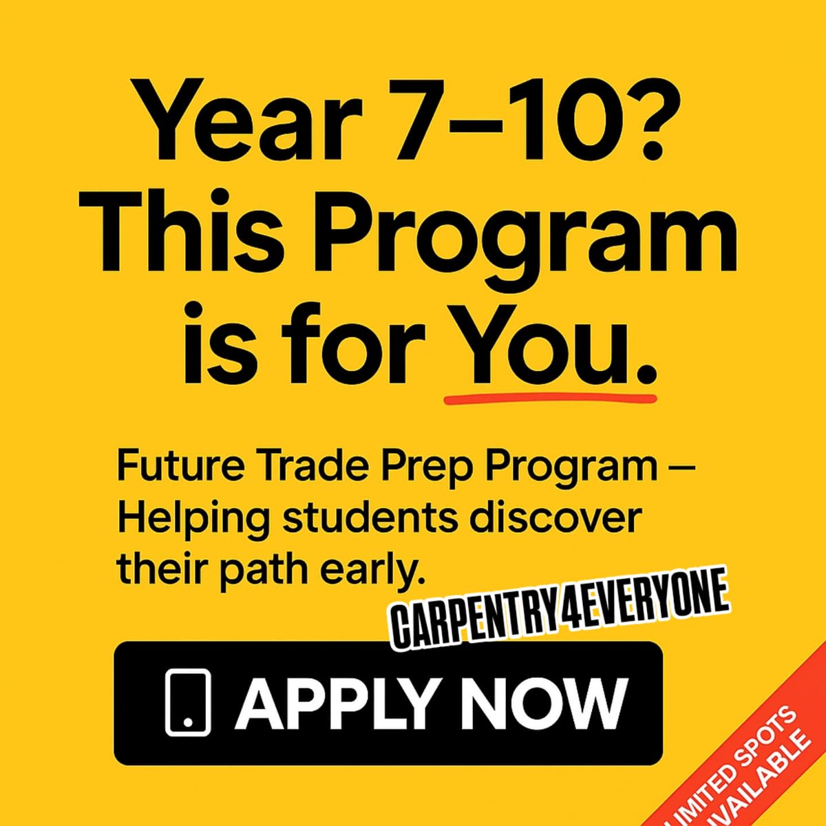 Carpentry4every's tweet photo. Year 7–10 students… do you actually know your skills yet? 👀 Most wait too long to find out.
Join today ! 
Dm me for more info !
#skills https://t.co/Y5S6XuSBf6