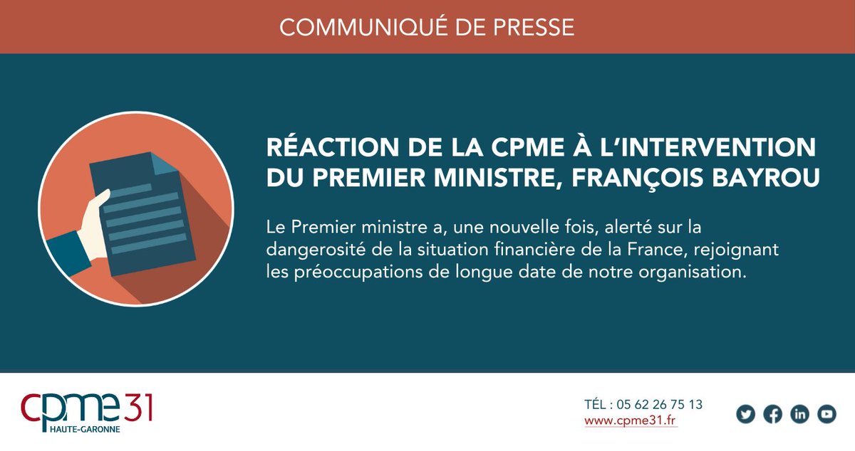 #Presse 📣 Réaction de la <a href="/CPMEnationale/">CPME</a>  à l'intervention du Premier ministre, François Bayrou

La #CPME, au nom de ses 350 000 entreprises adhérentes, se positionne dans le camp de « ceux qui cherchent à construire plutôt qu’à détruire la France »

👉 bit.ly/41taNbz