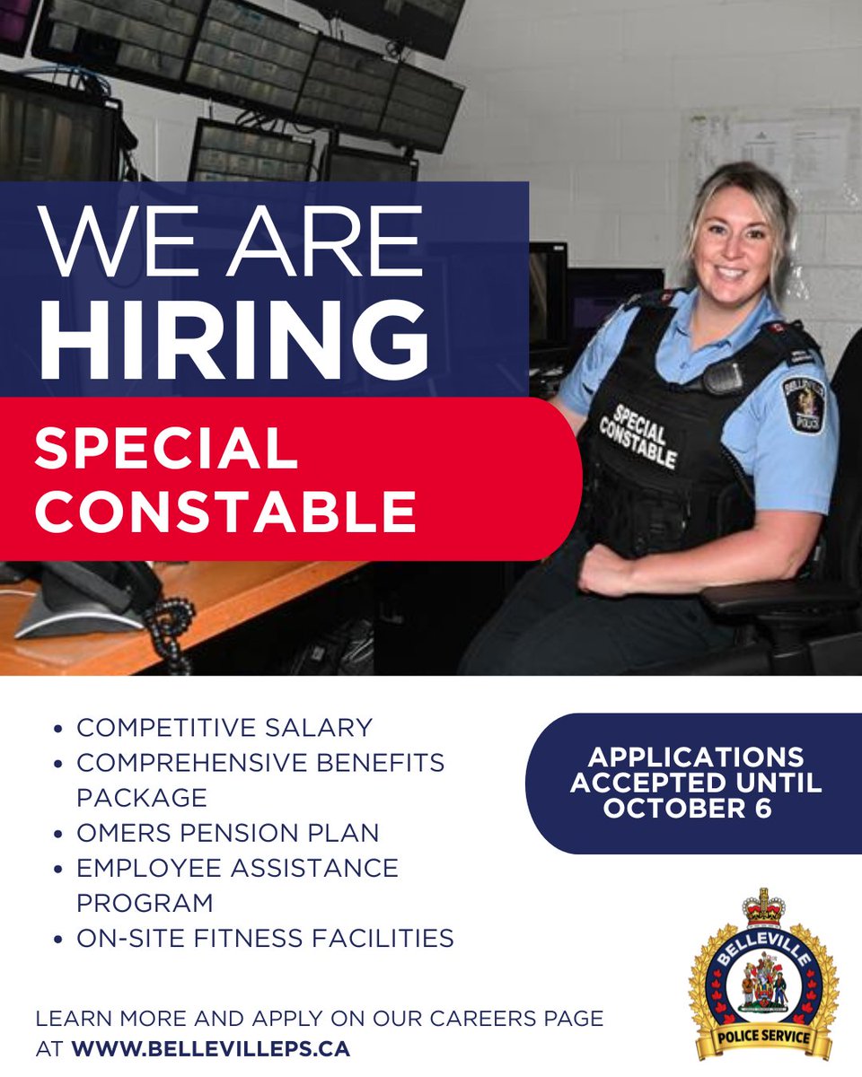 The Belleville Police Service is now accepting applications for Special Constable! 

The deadline to submit your application is October 6, 2025. 

For more information on application requirements and how to apply, visit: bit.ly/45KIGWI
