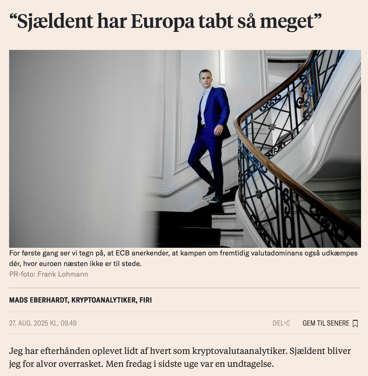 Mads Eberhardt (@madseberhardt) on Twitter photo “Sjældent har Europa tabt så meget.”
Jeg sætter i en kronik i Børsen ord på, at Den Europæiske Centralbank (ECB) aldrig – i min optik – har set stablecoins som andet end en døgnflue.
Det samme gælder over en bred kam for centralbankens syn på kryptovalutaer og offentlige “Sjældent har Europa tabt så meget.”
Jeg sætter i en kronik i Børsen ord på, at Den Europæiske Centralbank (ECB) aldrig – i min optik – har set stablecoins som andet end en døgnflue.
Det samme gælder over en bred kam for centralbankens syn på kryptovalutaer og offentlige