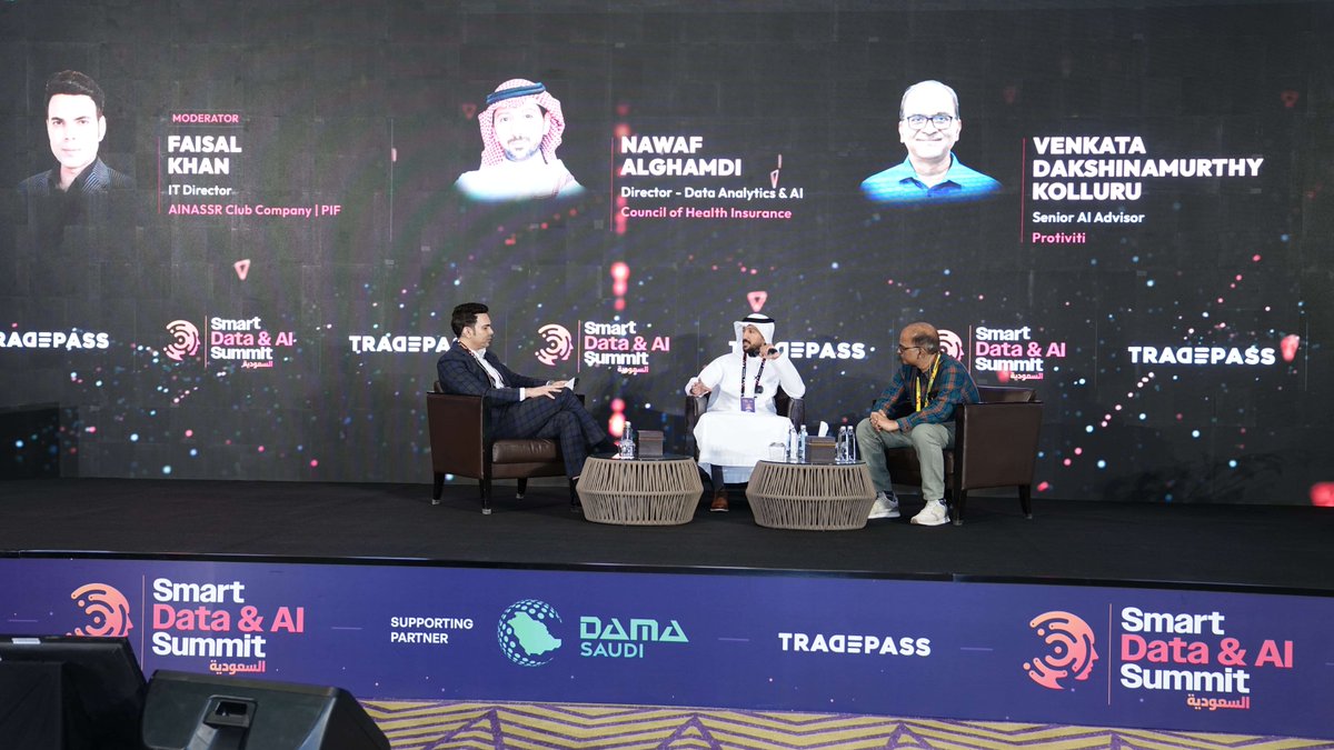 Tradepassglobal's tweet image. 🎤 Panel: Unlocking Advanced Analytics — Leaders from AlNASSR, Council of Health Insurance and   Protiviti  explore AI, ML, neural networks &amp;amp; GPT-4 in transforming insights.
📍 Smart Data &amp;amp; AI Summit – Saudi Arabia | JW Marriott Hotel Riyadh 

#SDAIS