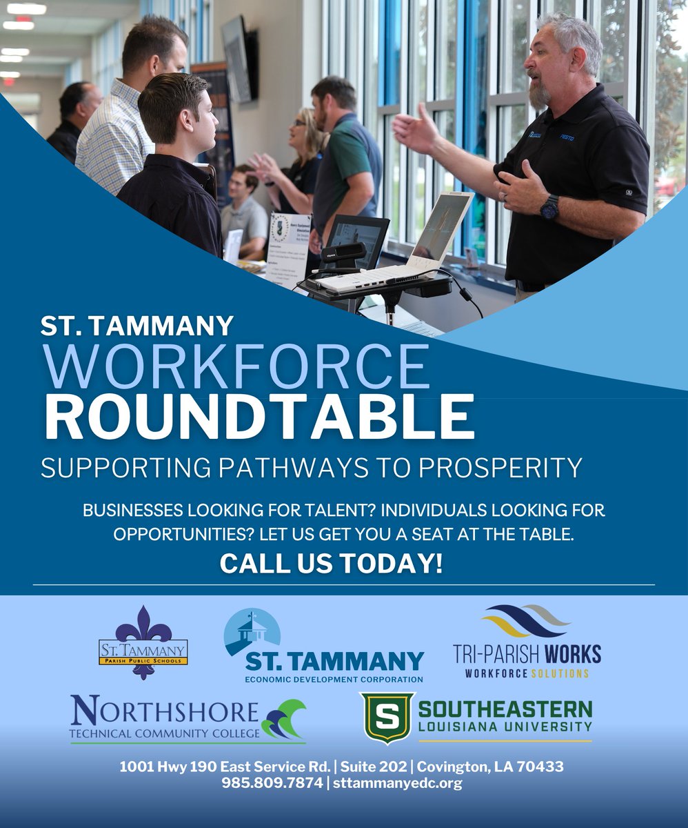 Looking for talent? Looking for opportunities? Let’s get you a seat at the table!

The St. Tammany Workforce Roundtable unites business, education &amp; workforce leaders monthly to align talent with opportunity—launching training programs, connecting students to jobs, &amp; shaping our