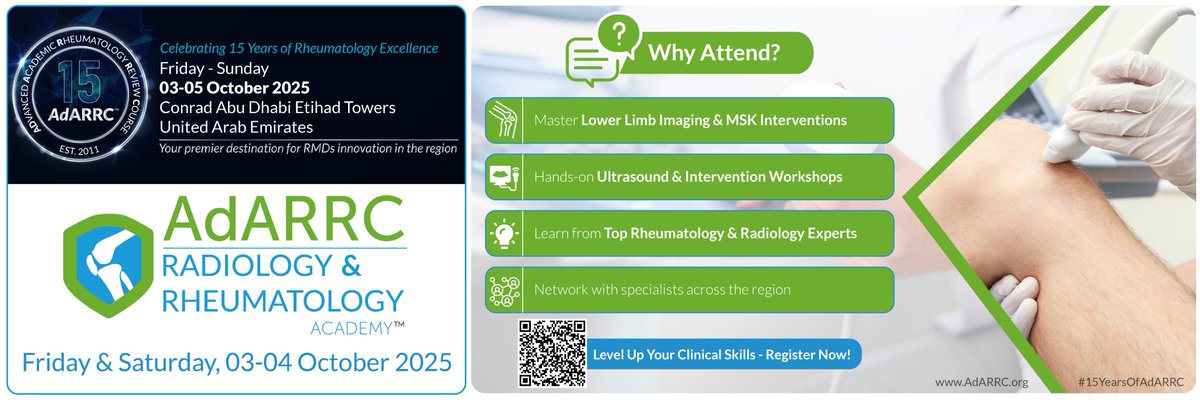 adarrc's tweet image. Enhance your expertise in rheumatology imaging and interventions at AdARRC 2025. Join us on 3–4 October for hands-on workshops, case-based discussions, and sessions led by expert faculty.
Secure your place today: bit.ly/4mBu3MI
#15YearsOfAdARRC #Rheumatology #Radiology