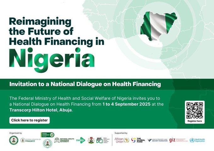 The National Health Financing Policy Dialogue organised by <a href="/Fmohnigeria/">Federal Ministry of Health, NIGERIA</a> with partners is almost here.

Theme: "Re-imagining  the Future of Health Financing in Nigeria." This critical dialogue is about shaping the future of healthcare for every Nigerian. 

Register: