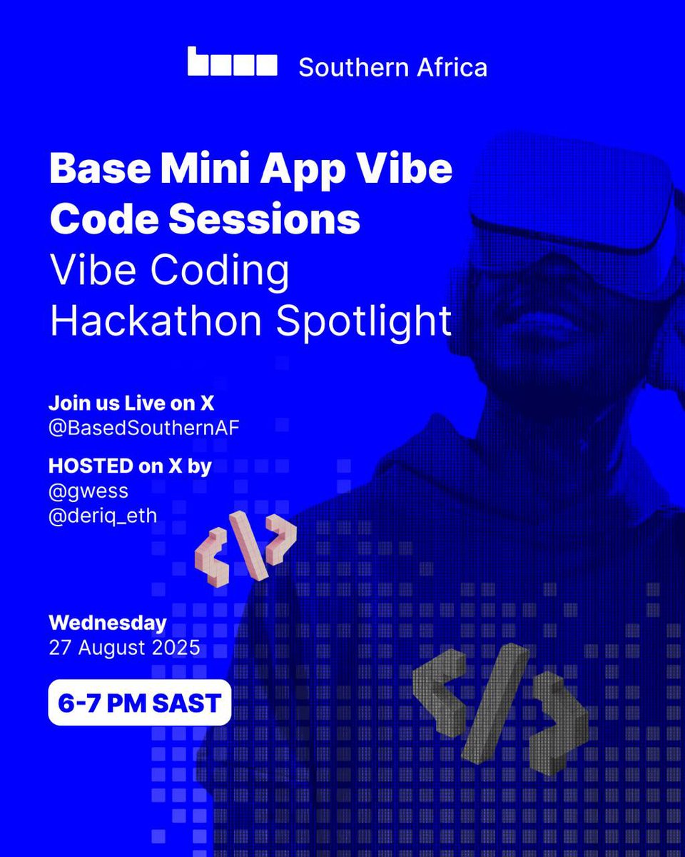 TONIGHT: Get the inside track on the Vibe Coding Hackathon!

Join our Base Mini Apps session at 6PM CAT, where we’ll continue to build and break down everything you need to know for the Sept 5th/6th hackathon at <a href="/wethinkcode/">WeThinkCode_</a>.

This is your competitive advantage—see you then.