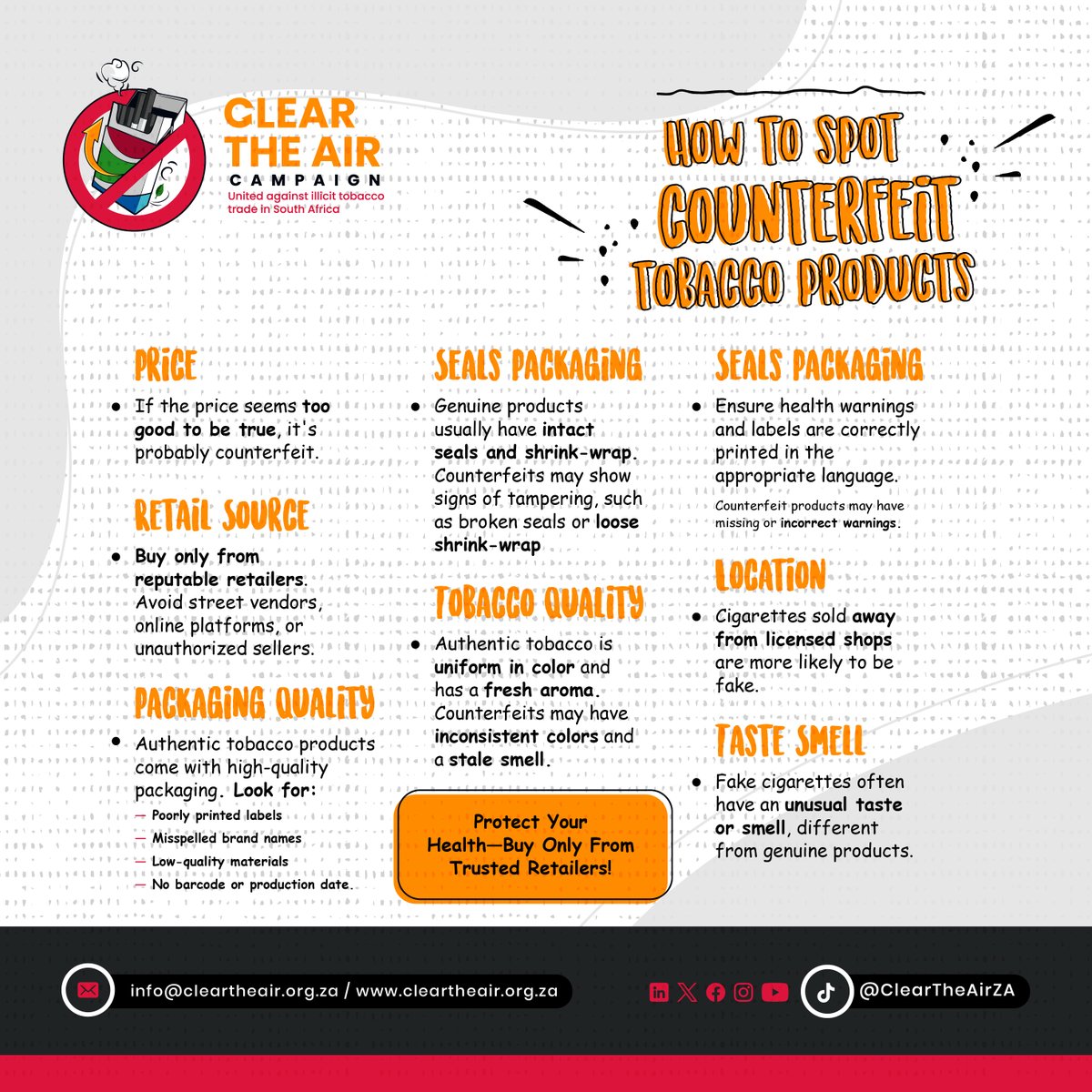 How to Spot Counterfeit Cigarettes 🚫

Illicit cigarettes are easy to identify if you know the signs: price is the first red flag, if it's too good to be true it's likely illicit. 

Check the retail source: trusted retailers follow regulations, while street vendors and informal