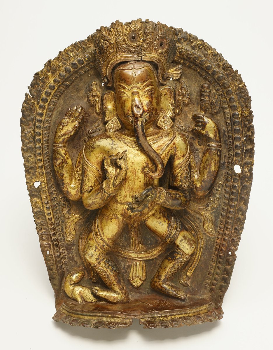 Bhagwan Ganesh, remover of obstacles;

Bhagwan Ganesh is shown in a dancing pose. His mouse mount is seen at his foot.

(16/17th century CE; Gilt bronze repoussé; Katmandu Valley, Nepal)
#GaneshChaturthi
