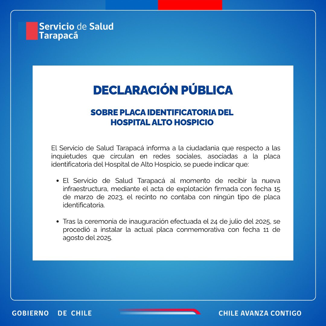 Declaración Pública respecto a placa identificatoria de Inauguración del Hospital #AltoHospicio 2025 #Tarapacá #Tamarugal #Iquique #PozoAlmonte #Colchane #Camiña #Huara #Pica