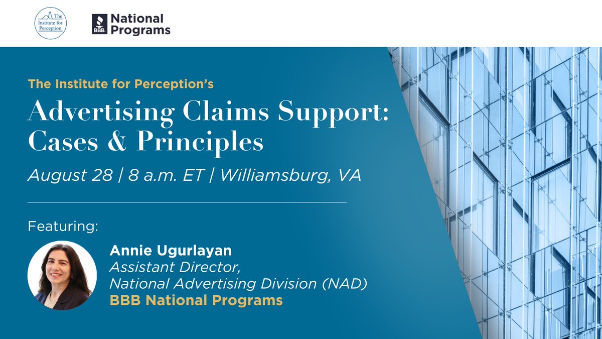 BBB National Programs’ Annie Ugurlayan will bring her experienced perspective as the Assistant Director of the National Advertising Division to tomorrow’s program on advertising claims support, hosted by the Institute for Perception. Learn more: hubs.la/Q03FF-nD0