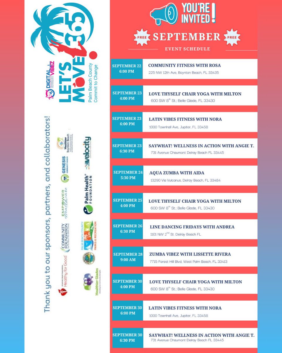 🎉 September is YOUR month to shine! ✨

We've got FREE #LetsMove365 events that'll get your heart pumping and your spirit soaring! 

🔥 Zumba sessions that feel like a party
💪 High-energy community workouts
🌟 Something amazing for every fitness level! LetsMovepbc.org
