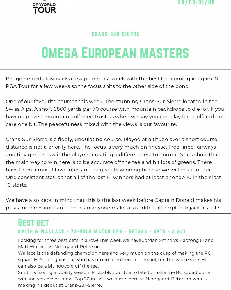 19thHoleGBets's tweet image. #omegaeuropeanmasters report🏔️Stunning backdrops all week! Let’s hope for a big winner too⛳️
#golf #golftips #gambling #GamblingX