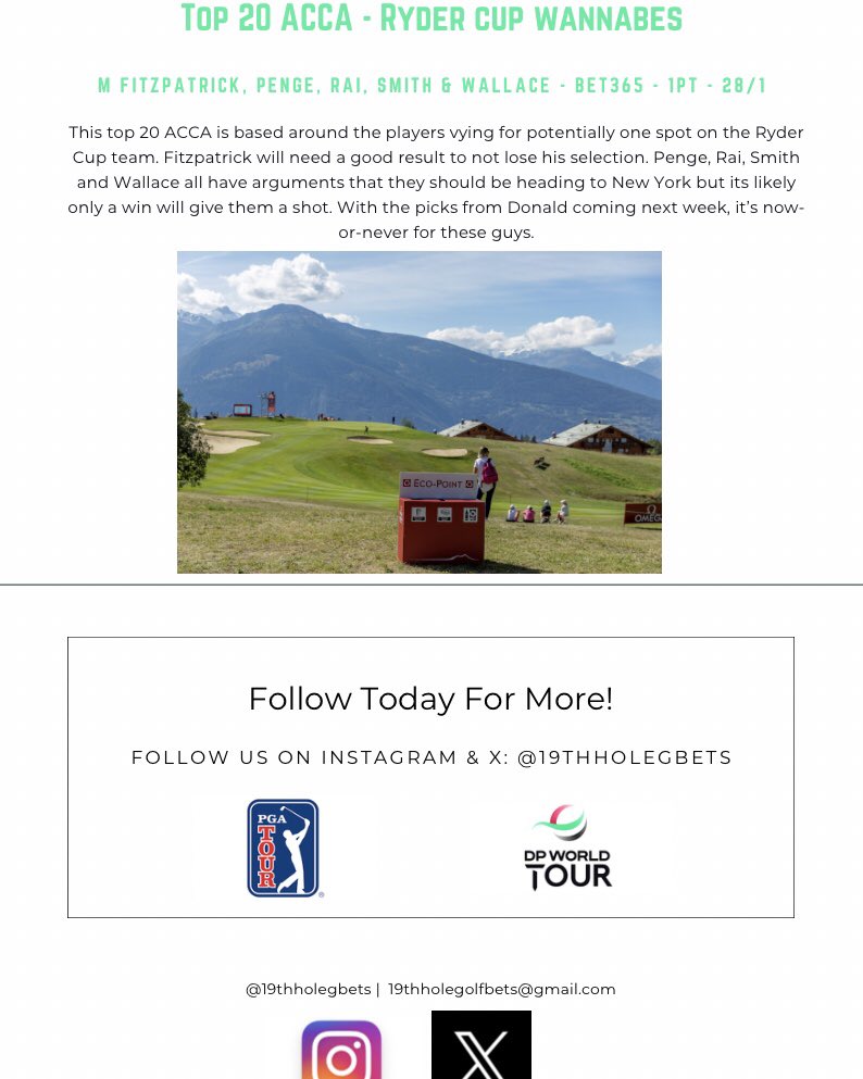 19thHoleGBets's tweet image. #omegaeuropeanmasters report🏔️Stunning backdrops all week! Let’s hope for a big winner too⛳️
#golf #golftips #gambling #GamblingX